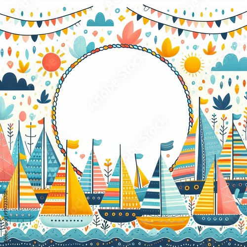 Funny frame with speckled sailboats. Decorative round border on colored background