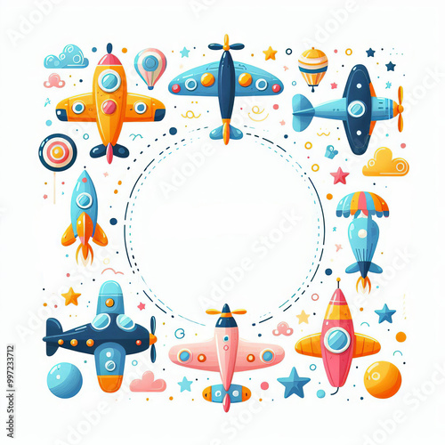 Decorative frame with vintage airplanes. Border with aircraft. Empty space for text, date. Greeting template