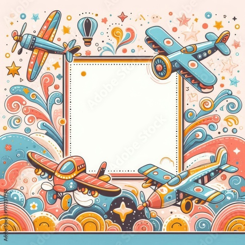 Decorative frame with vintage airplanes. Border with aircraft. Empty space for text, date. Greeting template