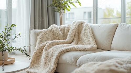 Cozy living room scene with a soft blanket draped over a sofa.