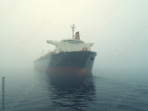 Massive cargo ship emerging from fog on calm sea with copy space