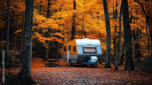 Travel trailer parked in an autumn forest surrounded by orange and yellow leaves