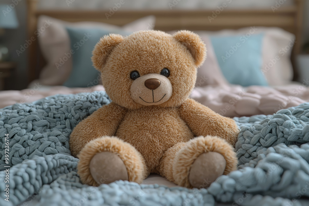 A soft, plush teddy bear sitting on a neatly made bed, surrounded by pastel pillows and blankets. A soft, plush teddy bear sitting on a neatly made bed, surrounded by pastel pillows and blankets.