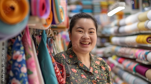 A smiling woman in a fabric store surrounded by colorful rolls of fabric and materials.