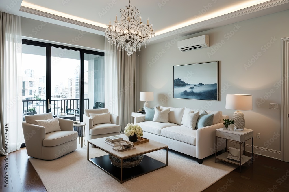 Fototapeta premium Stylish Apartment Design Ideas Featuring Serene Living Room and Soft White Decor