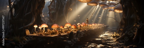 Thanksgiving dinner inside a massive hollowedout tree where the walls are covered in glowing mushrooms casting a soft warm light on the feast below photo