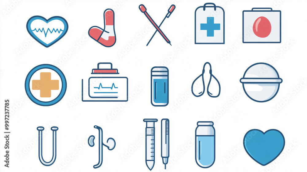 An illustration of various medical icons with a clean and clinical design. An illustration of various medical icons with a clean and clinical design.