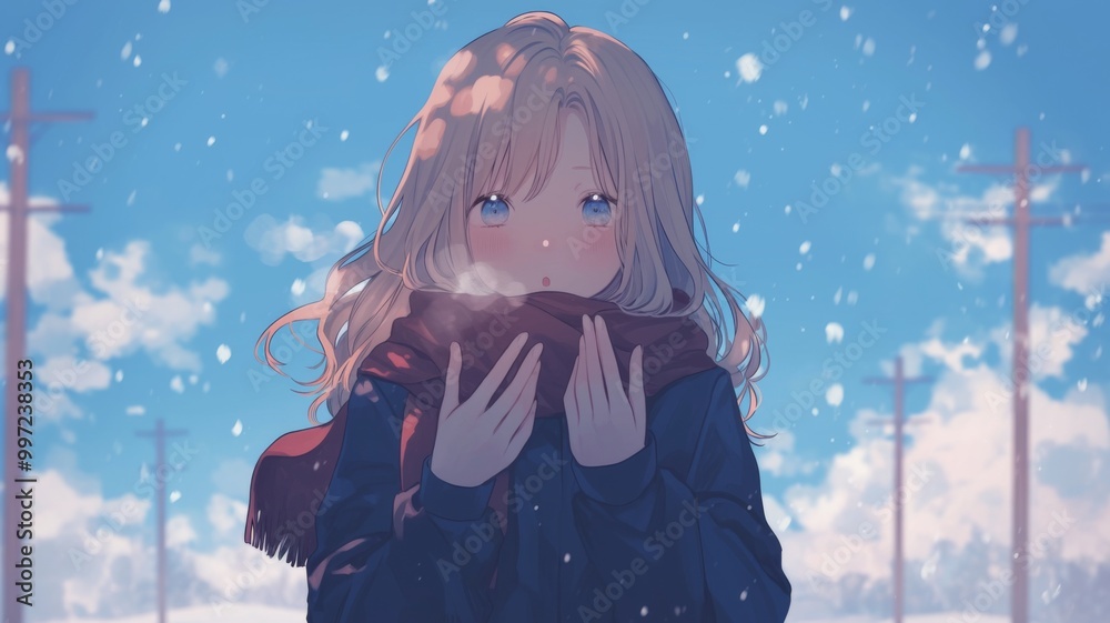 A girl dressed in dark clothing and scarves, stands in the snow under an overcast sky, blowing on her hands to create a mist A girl dressed in dark clothing and scarves, stands in the snow under an overcast sky, blowing on her hands to create a mist