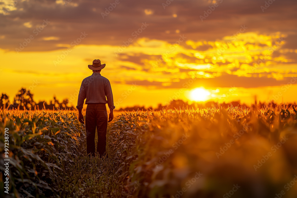 Silhouette of a Farmer in a Cornfield at Sunset Silhouette of a Farmer in a Cornfield at Sunset