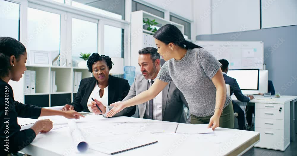 Corporate architecture teamwork planning blueprint project, floor plan and engineering construction in office. Business diversity, professional worker and group collaboration meeting for drawing idea