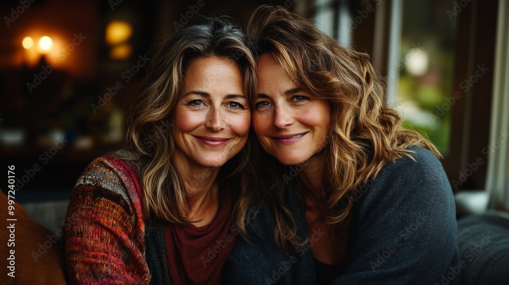 A warm portrait of two smiling women with long flowing hair, sitting closely together in a cozy setting, embodying connection, joy, and a sense of belonging. A warm portrait of two smiling women with long flowing hair, sitting closely together in a cozy setting, embodying connection, joy, and a sense of belonging.
