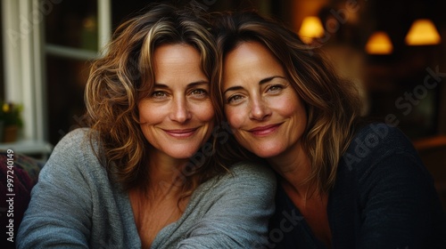 A candid portrait of two women closely embracing, both smiling warmly and comfortably. Their expressions convey friendship and contentment in a serene setting.