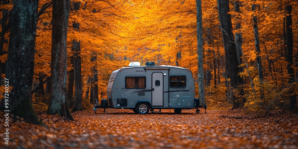 Travel trailer parked in an autumn forest surrounded by orange and yellow leaves Travel trailer parked in an autumn forest surrounded by orange and yellow leaves