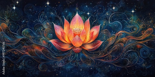 Cosmic lotus with radiant sacred geometry, glowing orbs, and vibrant cosmic energy