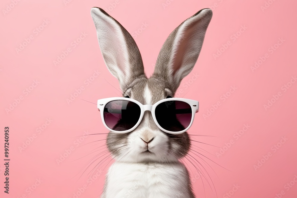 Playful Bunny with Large Sunglasses on Colorful Pastel Background Playful Bunny with Large Sunglasses on Colorful Pastel Background