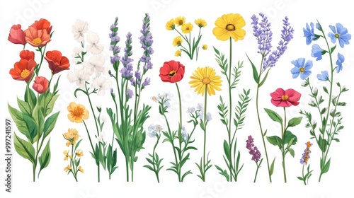 A vibrant collection of diverse flowers including poppies, daisies, lavender, and more, depicted with detailed and colorful illustrations creating a lively display of nature’s beauty. photo