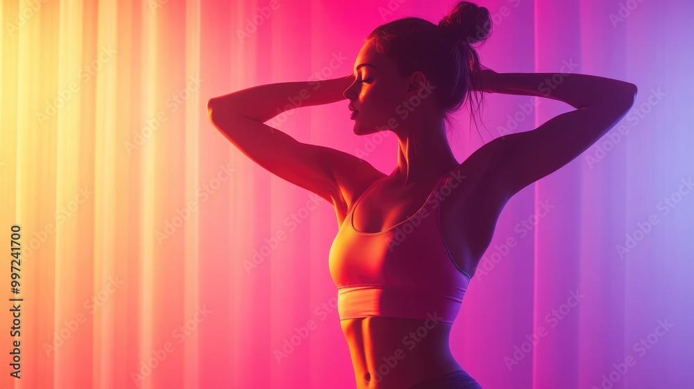 A close-up of the lady's defined abdominal muscles.fitness workout presenter, Healthy body with a Six-pack.