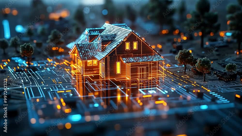 A digital representation of a house illuminated with glowing circuitry, blending technology and architecture in a vibrant, modern setting.