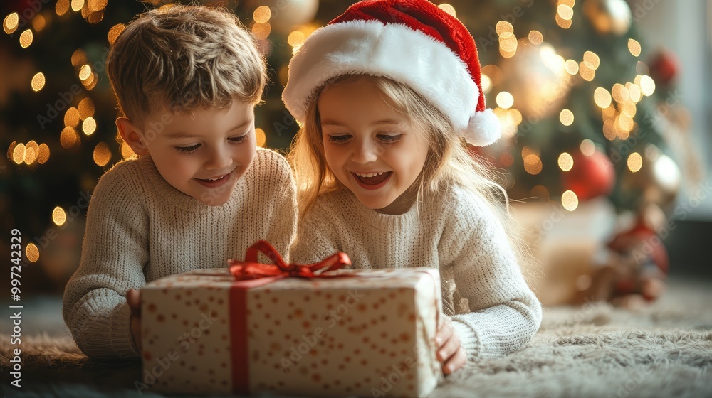 cheerful children surrounded by decorative details for Christmas and with a gift in blurred background cheerful children surrounded by decorative details for Christmas and with a gift in blurred background