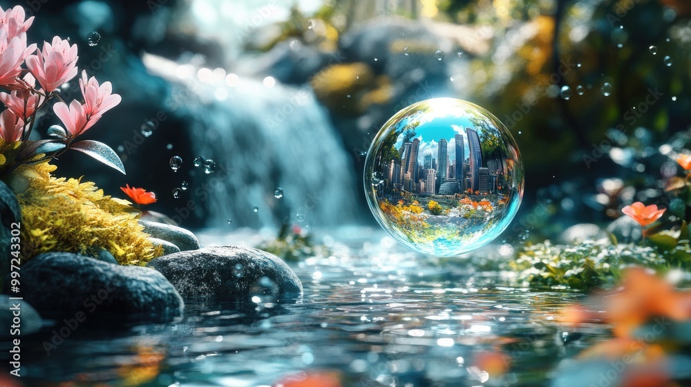 A stunning wild nature scene with a floating bubble in the water, reflecting iconic global landmarks in celebration of World Water Day A stunning wild nature scene with a floating bubble in the water, reflecting iconic global landmarks in celebration of World Water Day