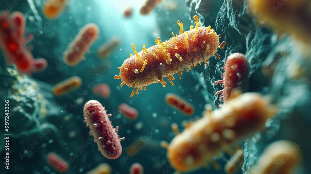 Fototapeta premium Anti Bacteria Microscopic battle between bacteria and antimicrobial agents in a commercial setting