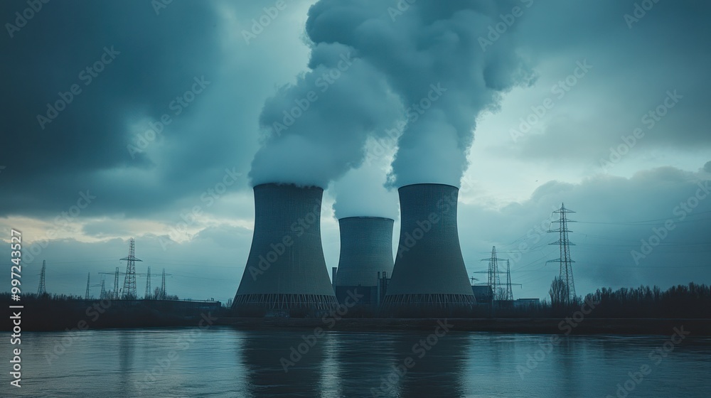 low angle shot of nuclear power plant with cooling towers chimney steaming with blue sky background low angle shot of nuclear power plant with cooling towers chimney steaming with blue sky background