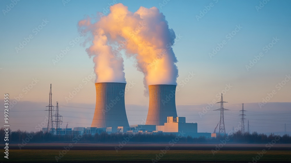 low angle shot of nuclear power plant with cooling towers chimney steaming with blue sky background low angle shot of nuclear power plant with cooling towers chimney steaming with blue sky background