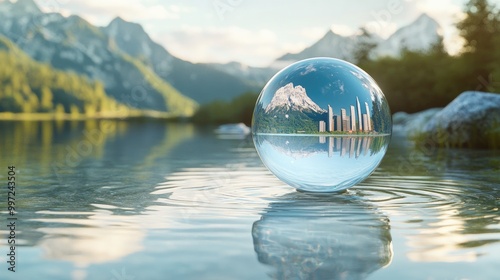 A stunning wild nature scene with a floating bubble in the water, reflecting iconic global landmarks in celebration of World Water Day