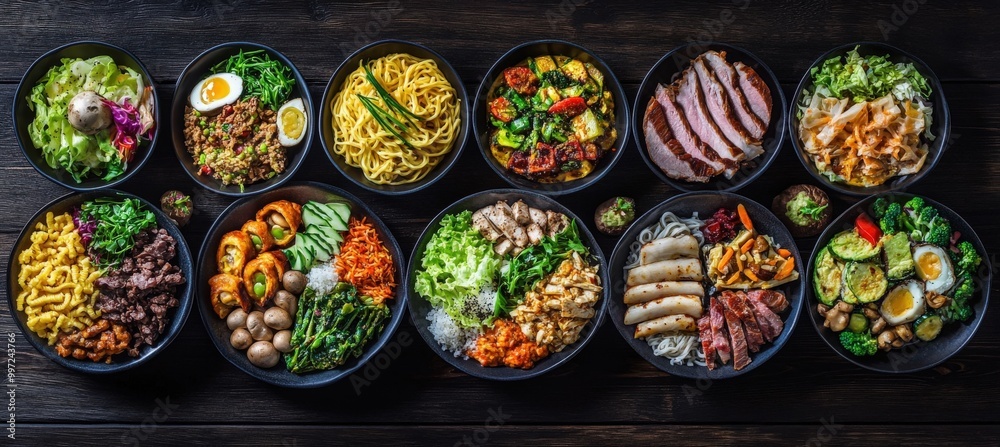 Colorful Fusion of Asian and Western Dishes in Black Bowls Colorful Fusion of Asian and Western Dishes in Black Bowls