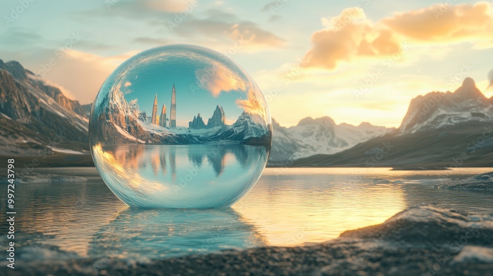 A stunning wild nature scene with a floating bubble in the water, reflecting iconic global landmarks in celebration of World Water Day A stunning wild nature scene with a floating bubble in the water, reflecting iconic global landmarks in celebration of World Water Day