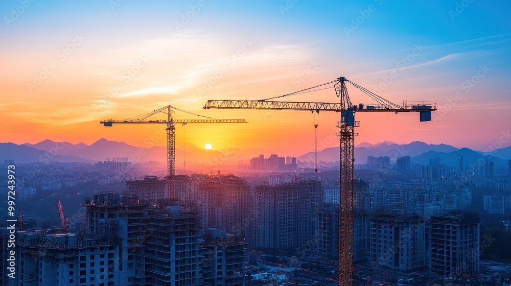 A construction site bustling with activity, cranes towering overhead, symbolizing progress and development A construction site bustling with activity, cranes towering overhead, symbolizing progress and development