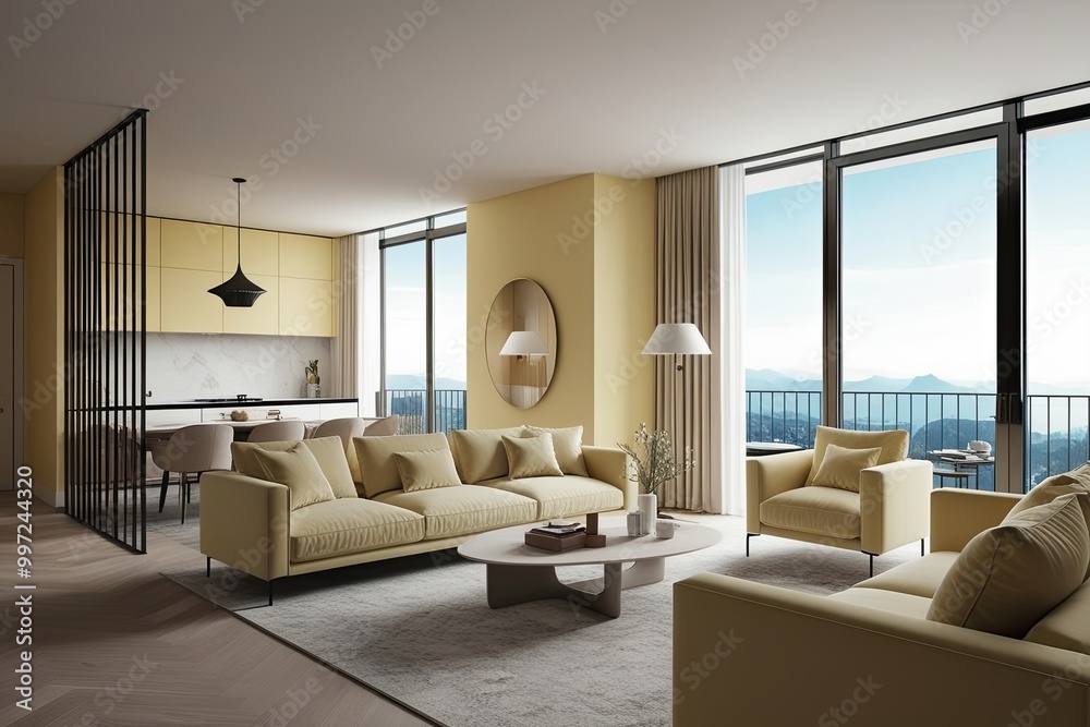 Spacious Minimalist Apartment Design with Soft Yellow Walls and Stunning View 3D Rendering Spacious Minimalist Apartment Design with Soft Yellow Walls and Stunning View 3D Rendering