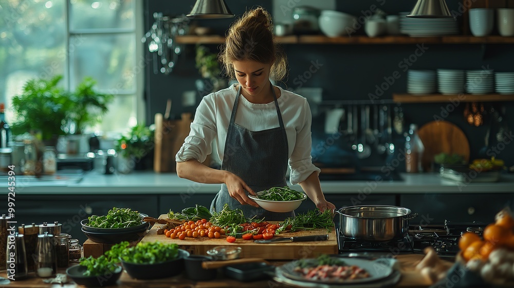Woman Prepares Colorful Meal in Modern Kitchen Woman Prepares Colorful Meal in Modern Kitchen