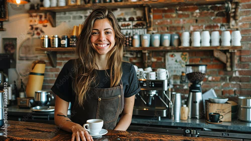 Smiling barista standing behind the counter in a cozy coffee shop, holding a cup of coffee. Smiling barista standing behind the counter in a cozy coffee shop, holding a cup of coffee.