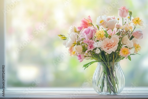This colorful bouquet features mixed flowers in a glass vase, placed on a light wood table, illuminated by sunlight from a window. Generative AI