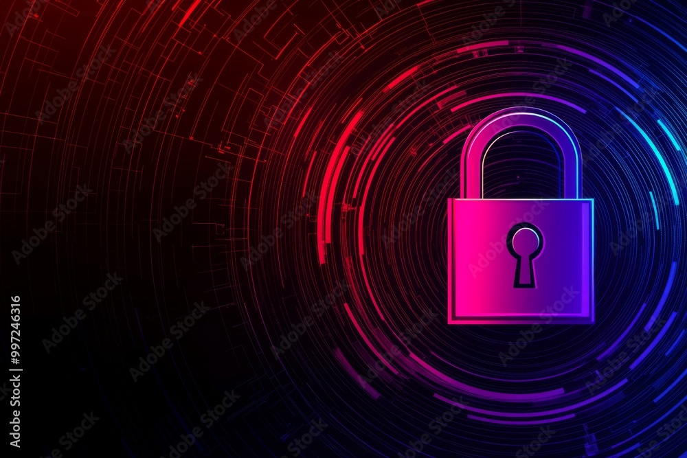 Neon red padlock at the center of a swirling digital vortex representing data encryption cybersecurity and digital protection in a high tech landscape Neon red padlock at the center of a swirling digital vortex representing data encryption cybersecurity and digital protection in a high tech landscape