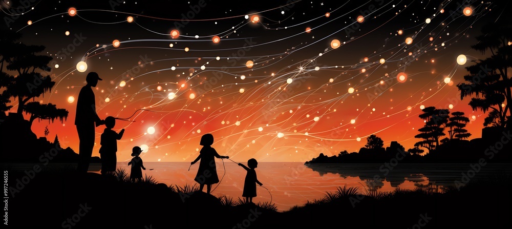 Abstract Light Vector Japanese ShichiGoSan where children are led by a procession of glowing koi fish that swim through the air leaving a shimmering trail of light toward the shrine Abstract Light Vector Japanese ShichiGoSan where children are led by a procession of glowing koi fish that swim through the air leaving a shimmering trail of light toward the shrine