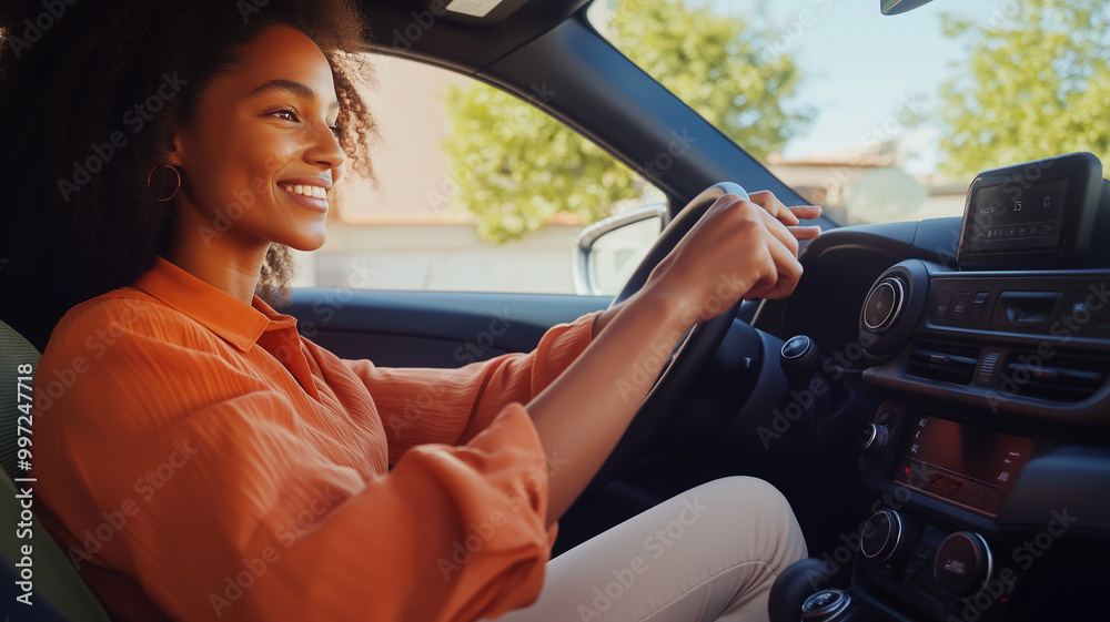 A beautiful woman in an orange shirt is sitting in the driver's seat of her car, smiling while reaching for the radio button inside. This high-quality photo captures her happy, beautiful face.
