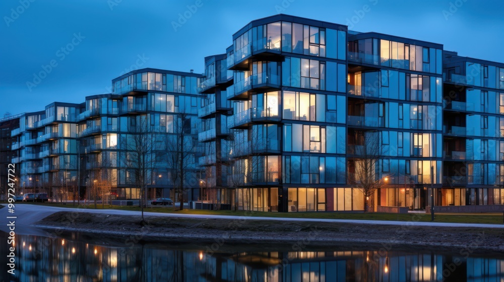 Obraz premium Modern Glass Apartment Building with Reflections in a Water Canal