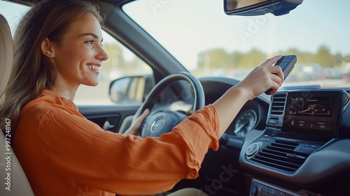 A beautiful woman in an orange shirt is sitting in the driver's seat of her car, smiling while reaching for the radio button inside. This high-quality photo captures her happy, beautiful face.