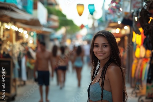 Smiling Woman Strolling Down Bustling Street in Playa del Carmen, Generative AI