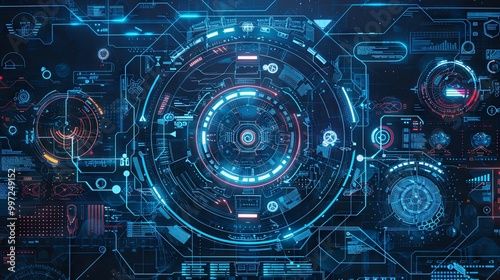 Futuristic digital interface featuring circular patterns, glowing elements, and intricate data displays, representing advanced technology and cybersecurity themes.