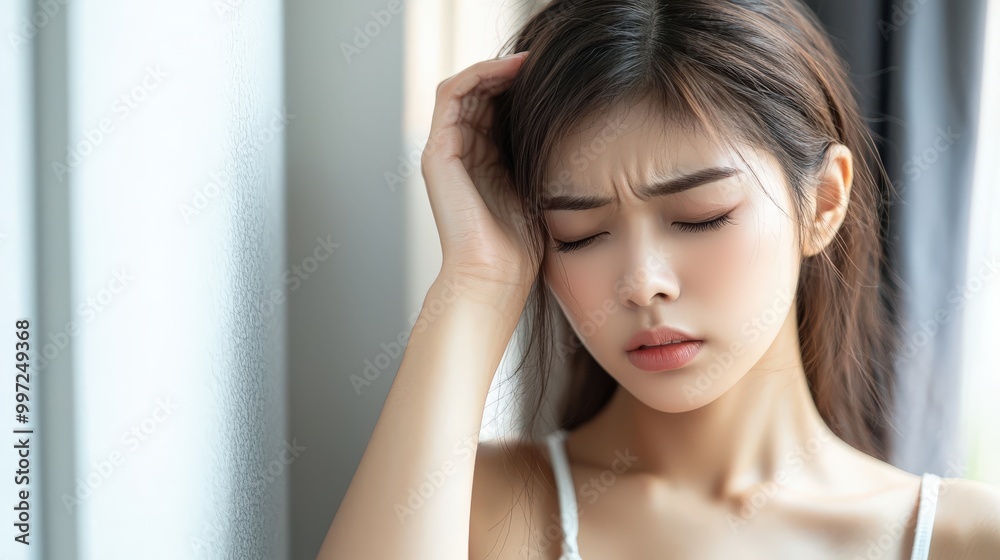 Young Asian Woman Standing by Window with Pensive Expression Young Asian Woman Standing by Window with Pensive Expression