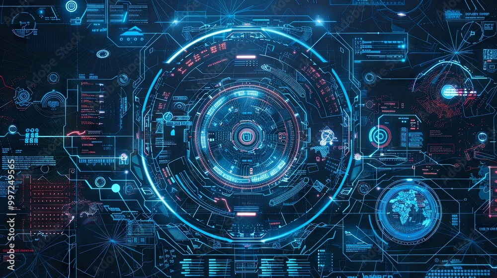 Futuristic digital interface featuring circular patterns, glowing elements, and intricate data displays, representing advanced technology and cybersecurity themes.