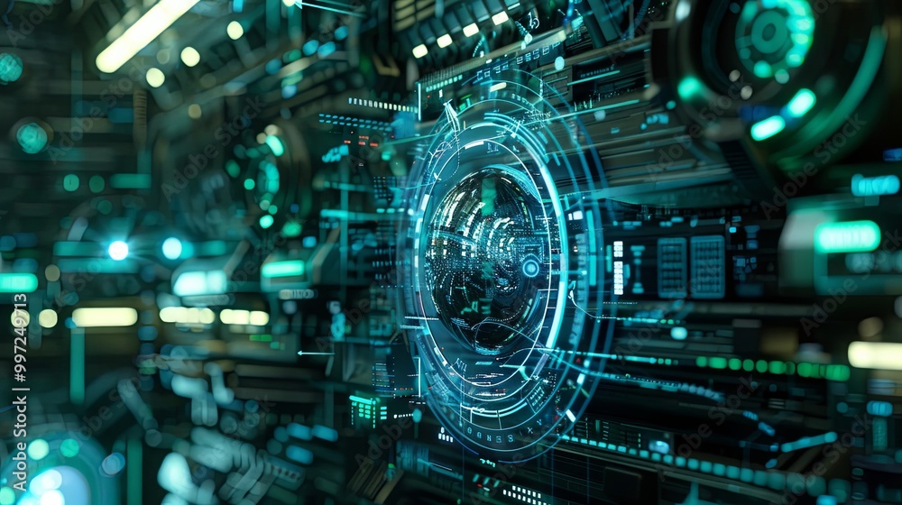 Futuristic digital interface featuring circular patterns, glowing elements, and intricate data displays, representing advanced technology and cybersecurity themes. Futuristic digital interface featuring circular patterns, glowing elements, and intricate data displays, representing advanced technology and cybersecurity themes.