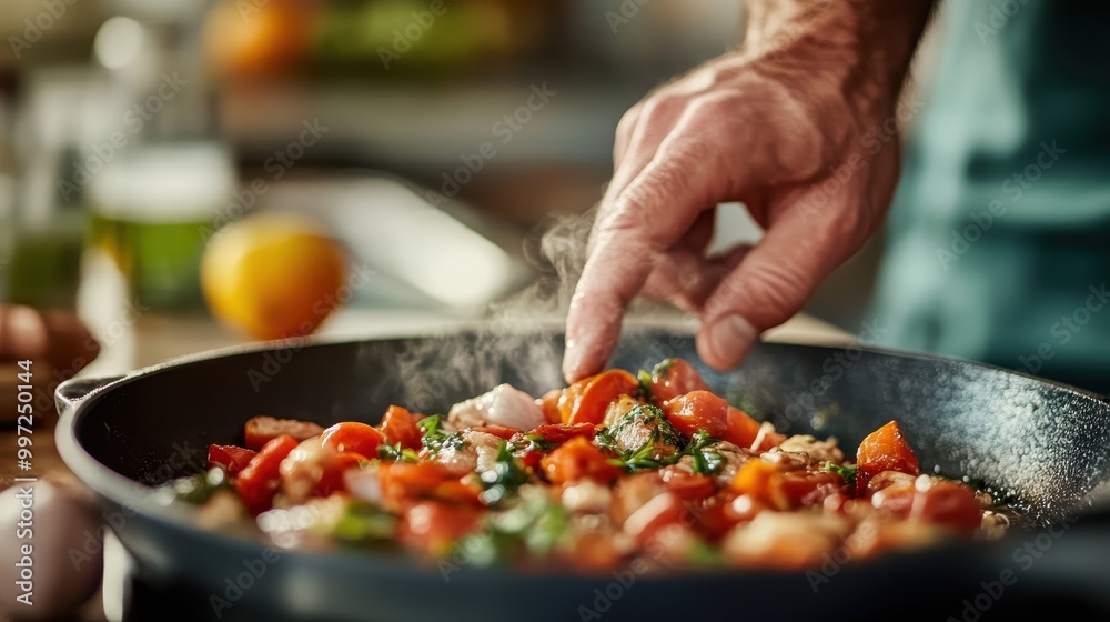 A cook's hand stirs fresh, colorful vegetables in a hot skillet, emphasizing the vibrant ingredients and the art of home-cooked meal preparations focusing on nutrition. A cook's hand stirs fresh, colorful vegetables in a hot skillet, emphasizing the vibrant ingredients and the art of home-cooked meal preparations focusing on nutrition.