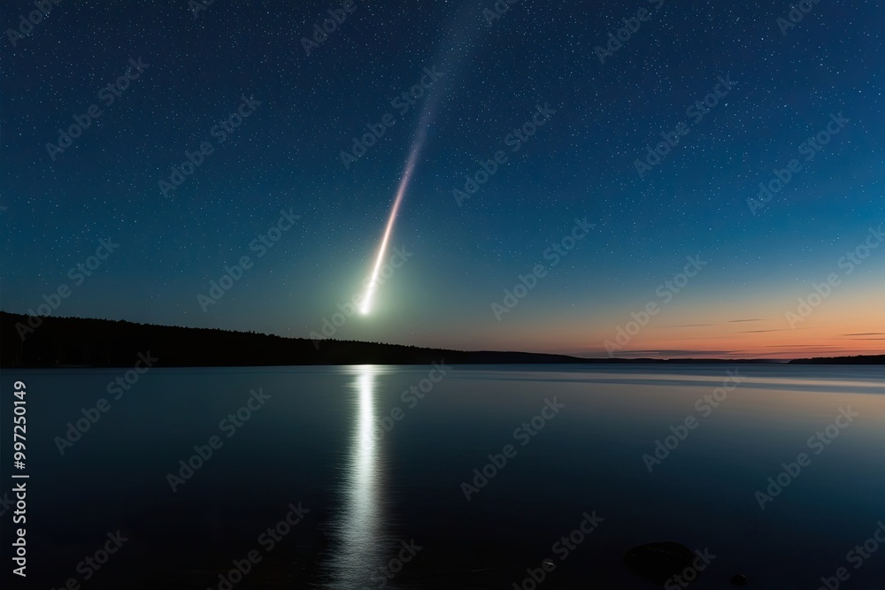 Meteor Shining Over a Serene Starry Ocean in a Night Sky Meteor Shining Over a Serene Starry Ocean in a Night Sky