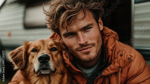 A ruggedly handsome man, dressed in a brown coat, poses closely with his loyal dog outside a travel trailer amid a countryside landscape. photo