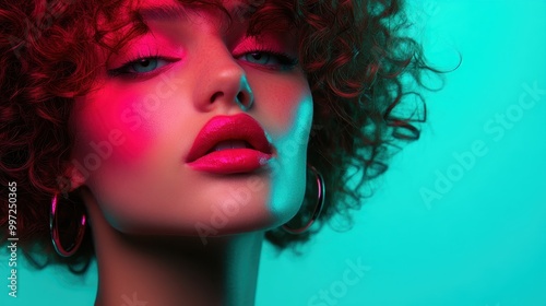 A glamorous woman poses with vintage allure in neon lighting, her curly hair and vibrant red lips contrast strikingly against glowing teal and magenta hues.