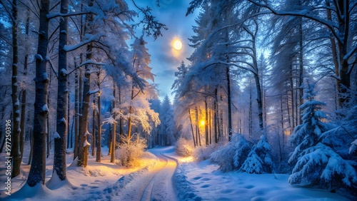 Winter landscape with snowy trees and moonlight illuminating the path 1